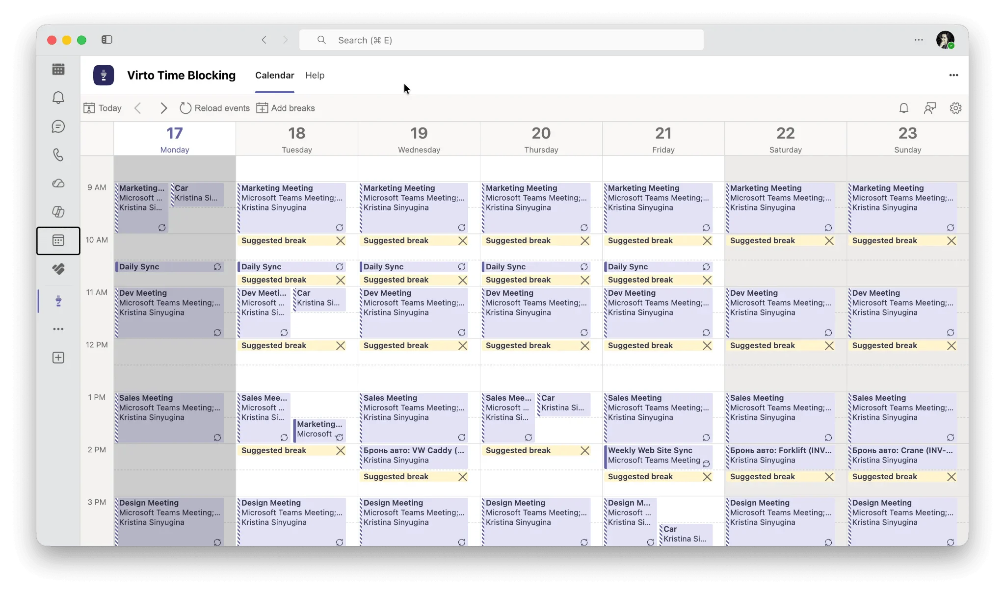 Virto Time Blocking App scheduling breaks between Teams meetings