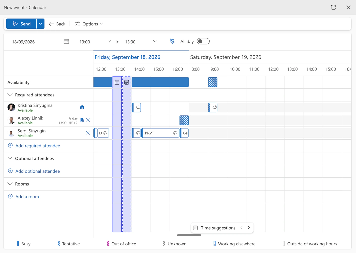 Scheduler in a new Outlook event: the Availability row, three required attendees with their free/busy rows, the selected time block and the Time suggestions control
