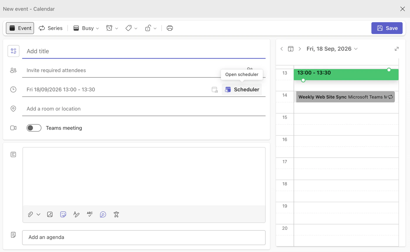 New event form in the Teams calendar with the Scheduler button next to the date and time and the Open scheduler tooltip