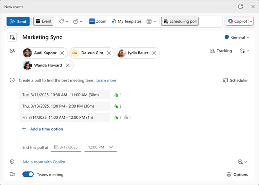 Organizer’s view of a new scheduling poll in Outlook with suggested time options and the Add new option link