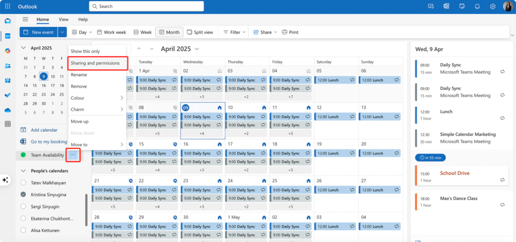 Outlook on the web calendar with the three-dot menu of a calendar open and Sharing and permissions highlighted
