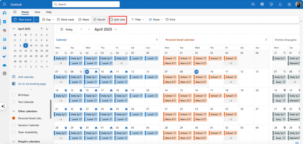 Outlook on the web month view with Split view highlighted on the toolbar and three calendars shown in parallel columns