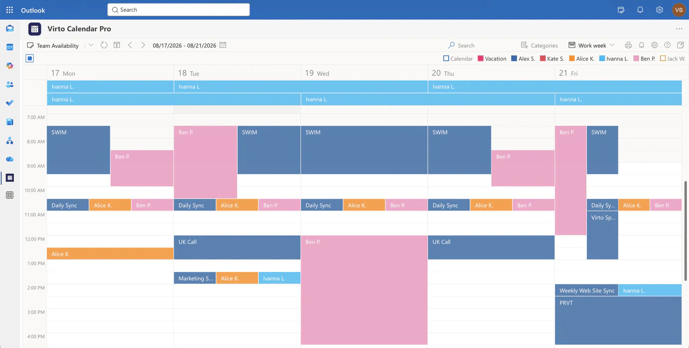 Virto Calendar App work week view named Team Availability with six colleagues’ calendars overlaid in different colours and a legend