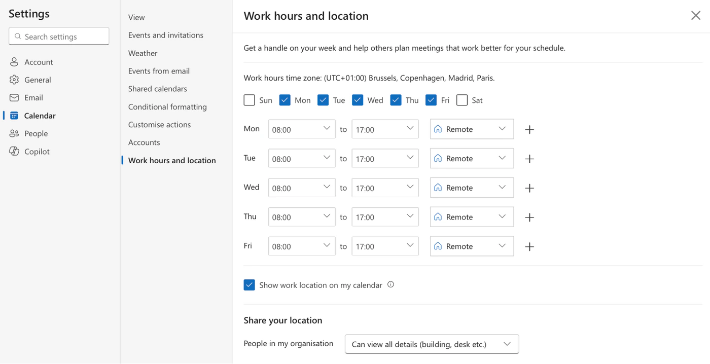Outlook settings, Calendar, Work hours and location: working days, hours per day, a Remote location for each day and the Share your location option