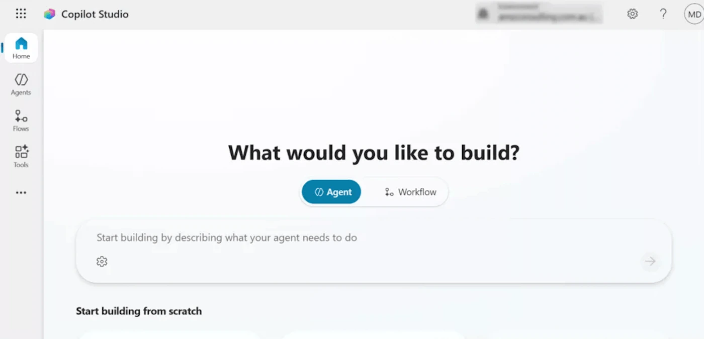 Copilot Studio asking what you would like to build, with Agent and Workflow options and a plain-language prompt box
