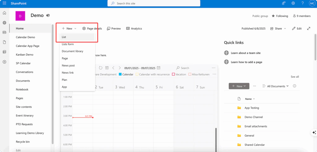 The New menu on a SharePoint site with List selected, creating a new list