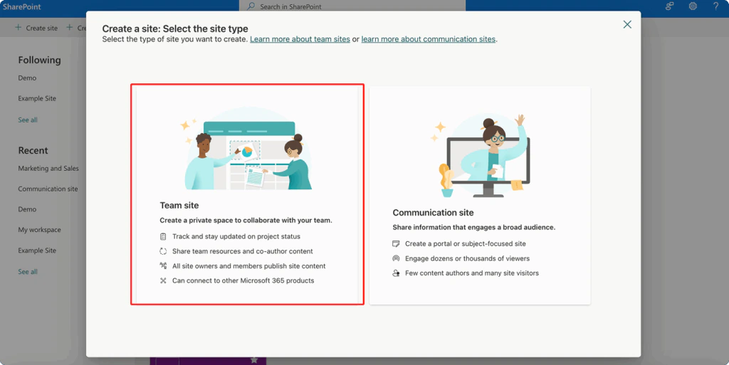 The Create a site panel with the Team site option selected