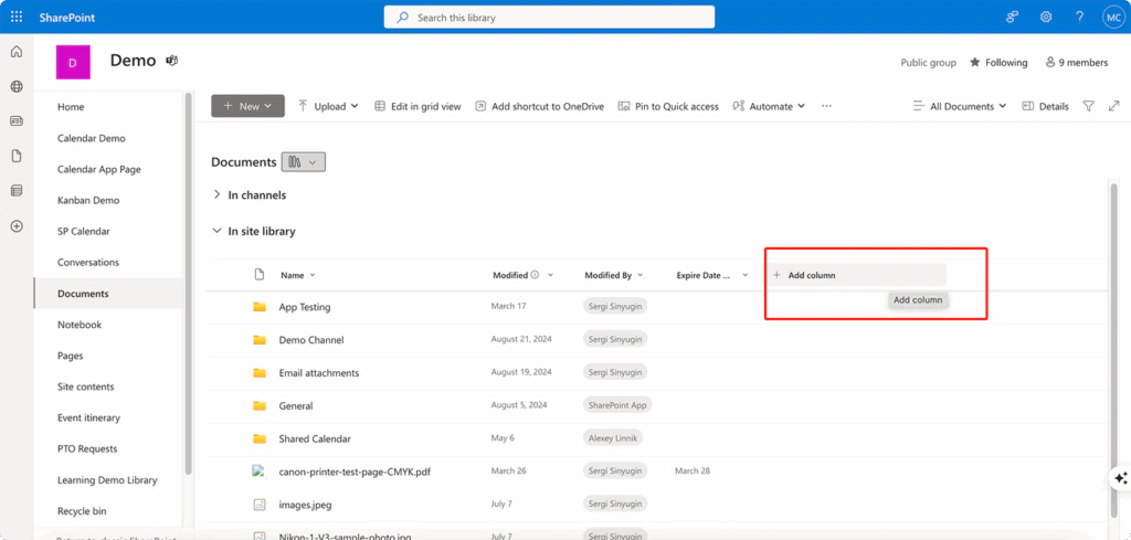 A document library with the Add column button highlighted at the end of the column headers
