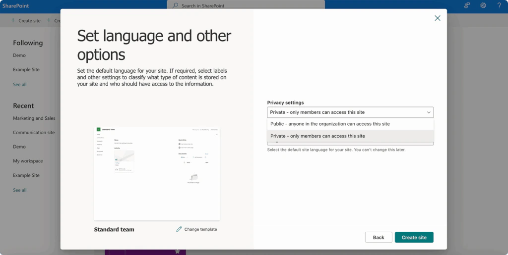 The site settings step with the privacy setting, Private or Public, for the new team site