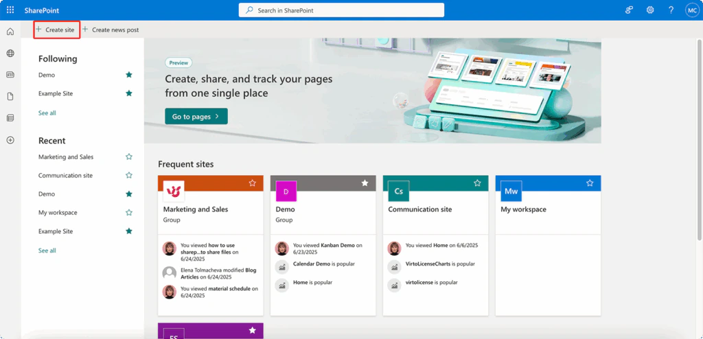 The SharePoint start page with the Create site button highlighted, Following and Recent sites on the left and Frequent sites cards
