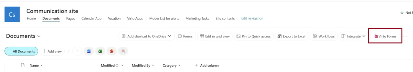 Command bar of a modern SharePoint document library with the buttons Add shortcut to OneDrive, Forms, Edit in grid view, Pin to Quick access, Export to Excel, Workflows, Integrate and a highlighted Virto Forms button