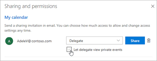 Sharing and permissions window with a colleague set to Delegate and the Let delegate view private events check box