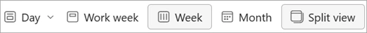 Outlook on the web toolbar with Day, Work week, Week, Month and Split view buttons