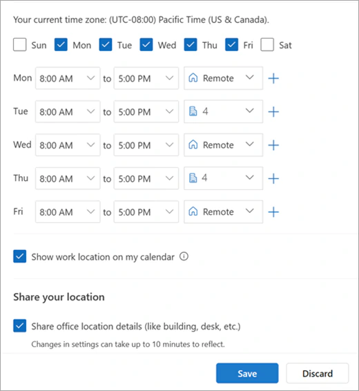 Work hours and location settings in new Outlook with days, hours and office or remote per day