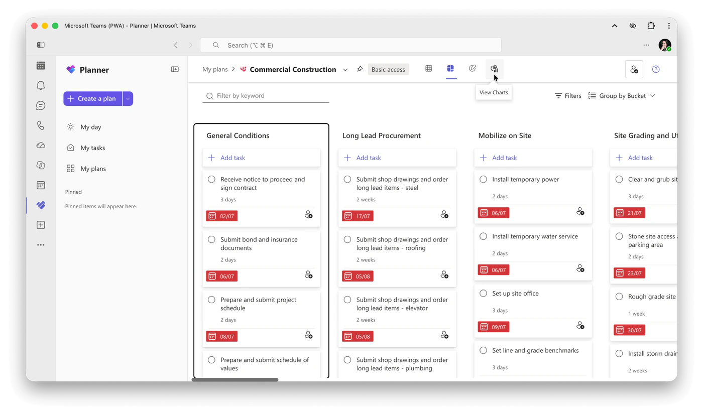 Board view of a plan in the Planner app in Teams, with buckets as columns and the view switcher at the top