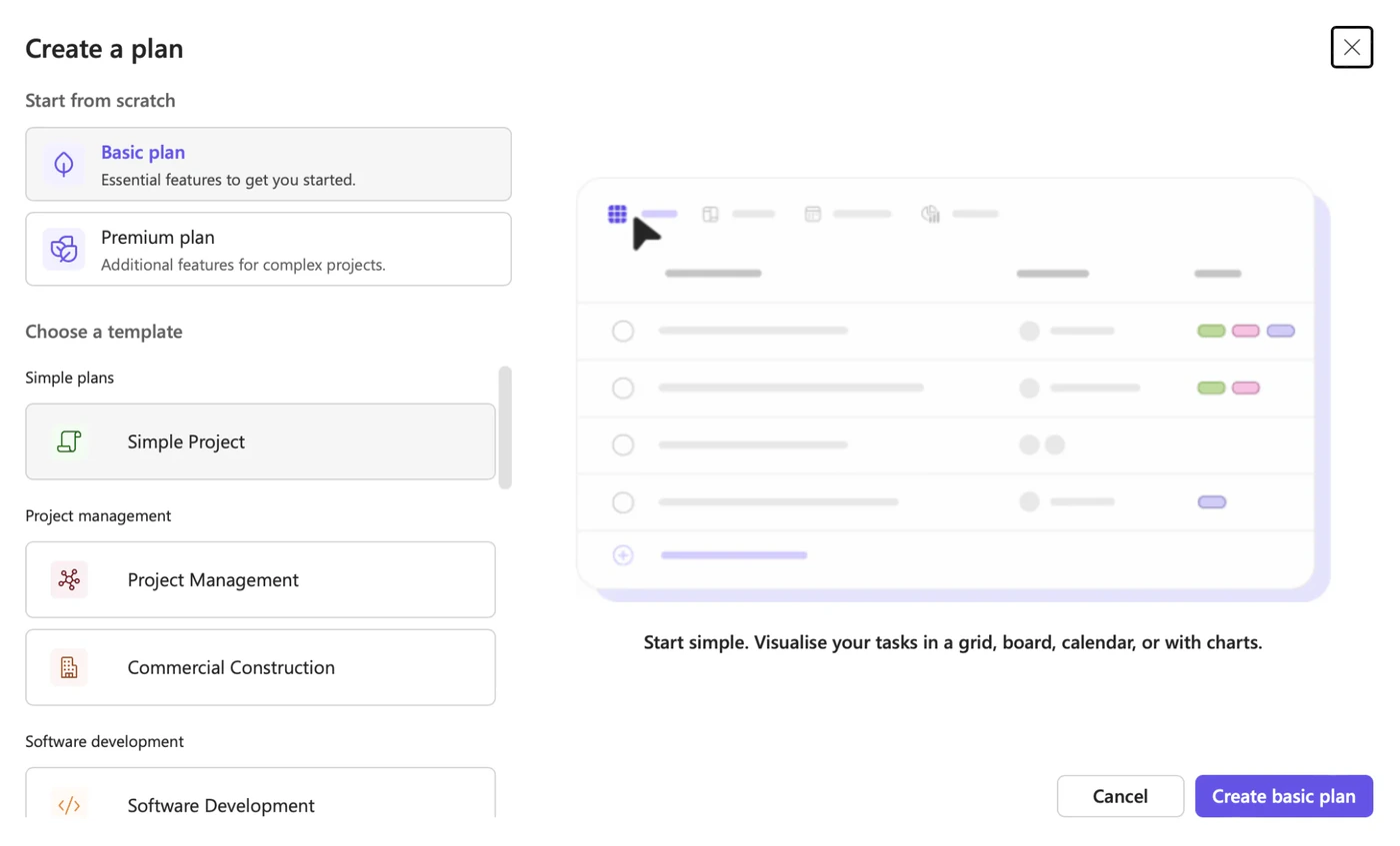 The Create a plan dialog in the new Planner with the Basic plan and Premium plan choice and the template gallery