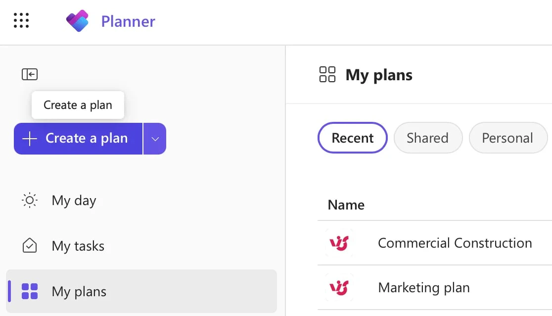 The new Planner home with My day, My tasks and My plans in the left navigation and the Create a plan button