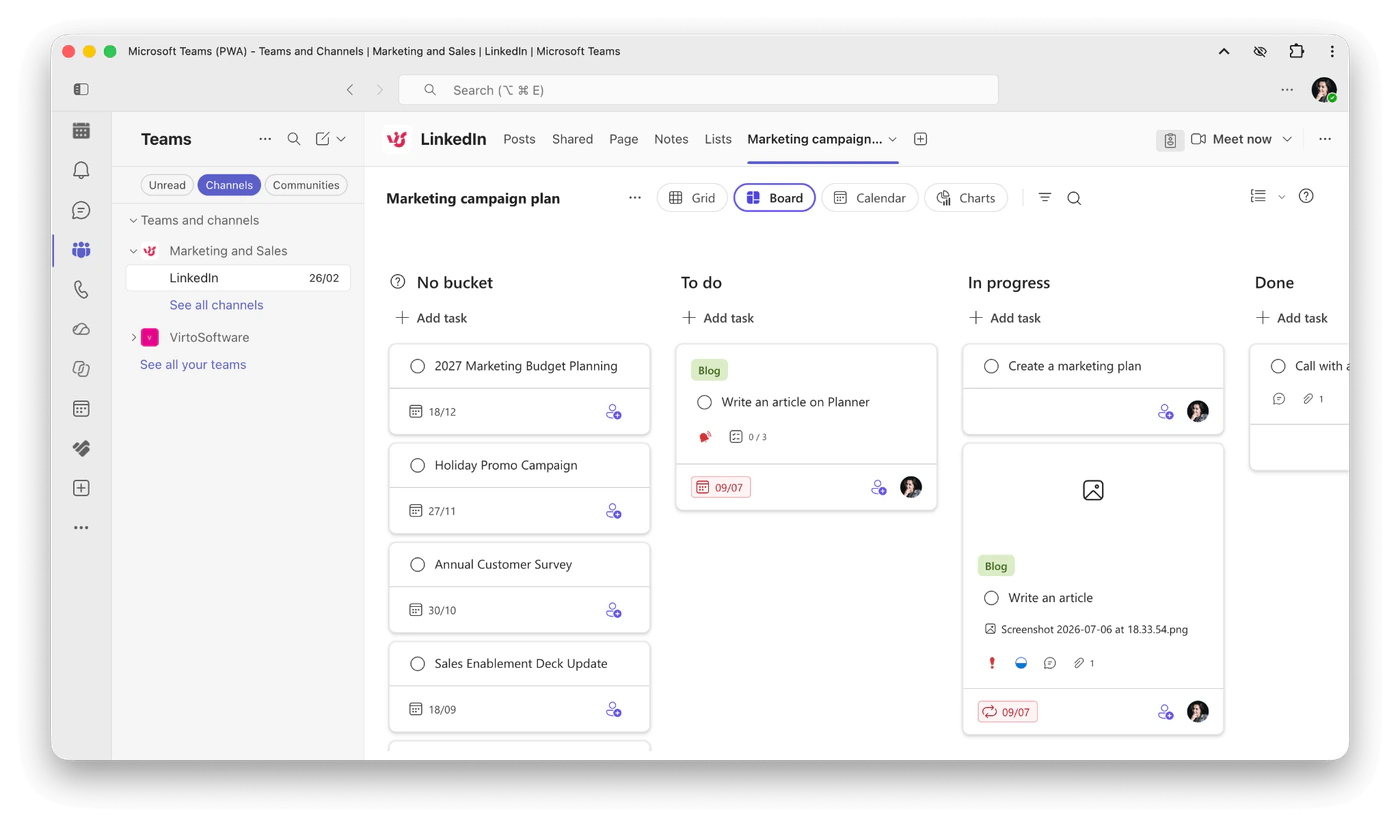 A Planner plan open as a tab in a Microsoft Teams channel, next to Posts, Shared, Page, Notes and Lists