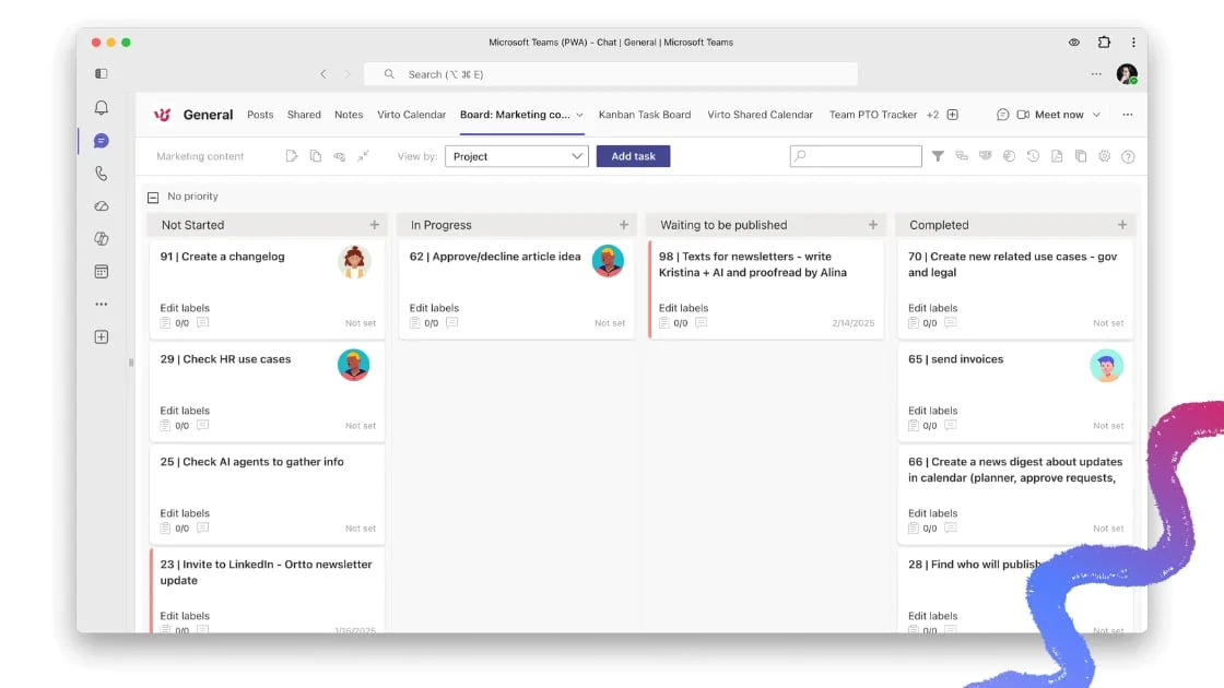 Virto Kanban Board App open as a tab in a Microsoft Teams channel, with a marketing content board grouped by project