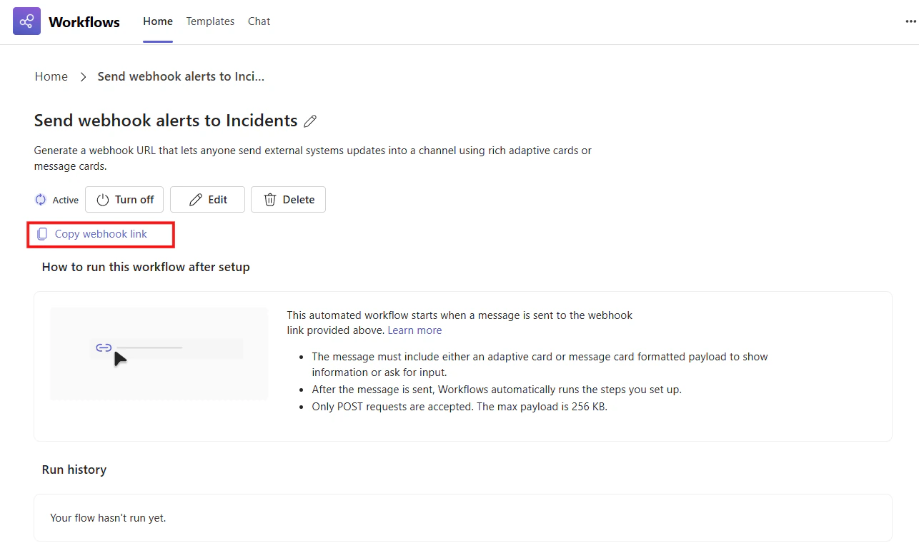 Copy webhook link on the workflow details page