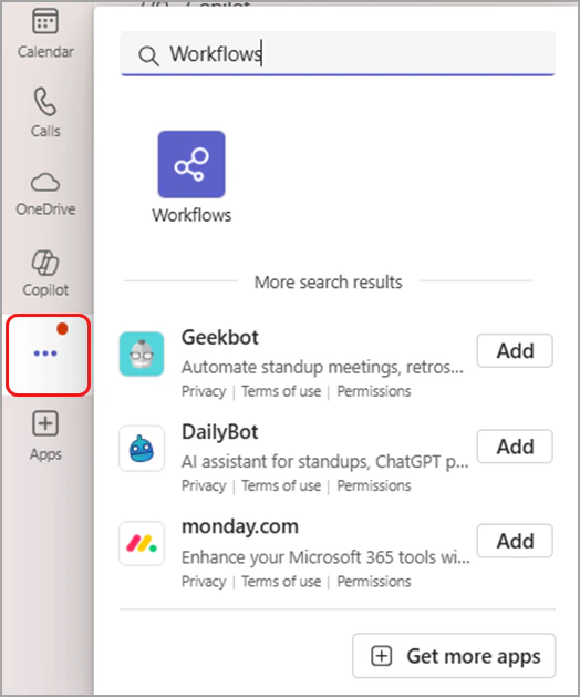 Finding the Workflows app from View more apps in Microsoft Teams