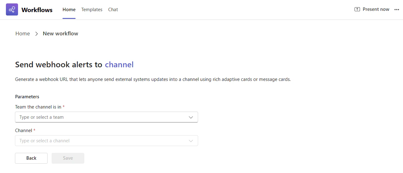 Send webhook alerts to a channel template in the Workflows app