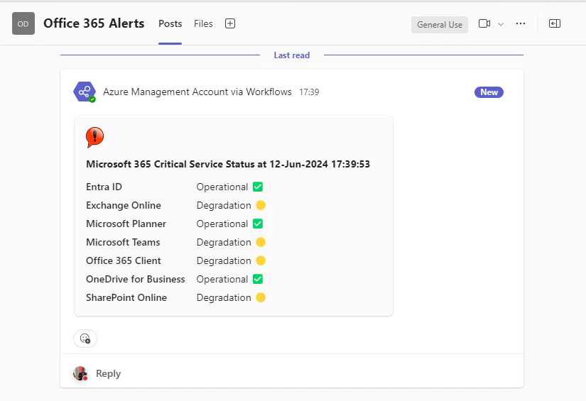 A service status card posted by Workflows in the Posts tab of a Microsoft Teams channel