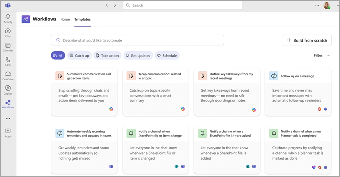 Templates tab of the Workflows app in Microsoft Teams