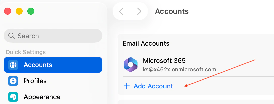 Outlook for Mac settings showing the Accounts pane with the Add Account button