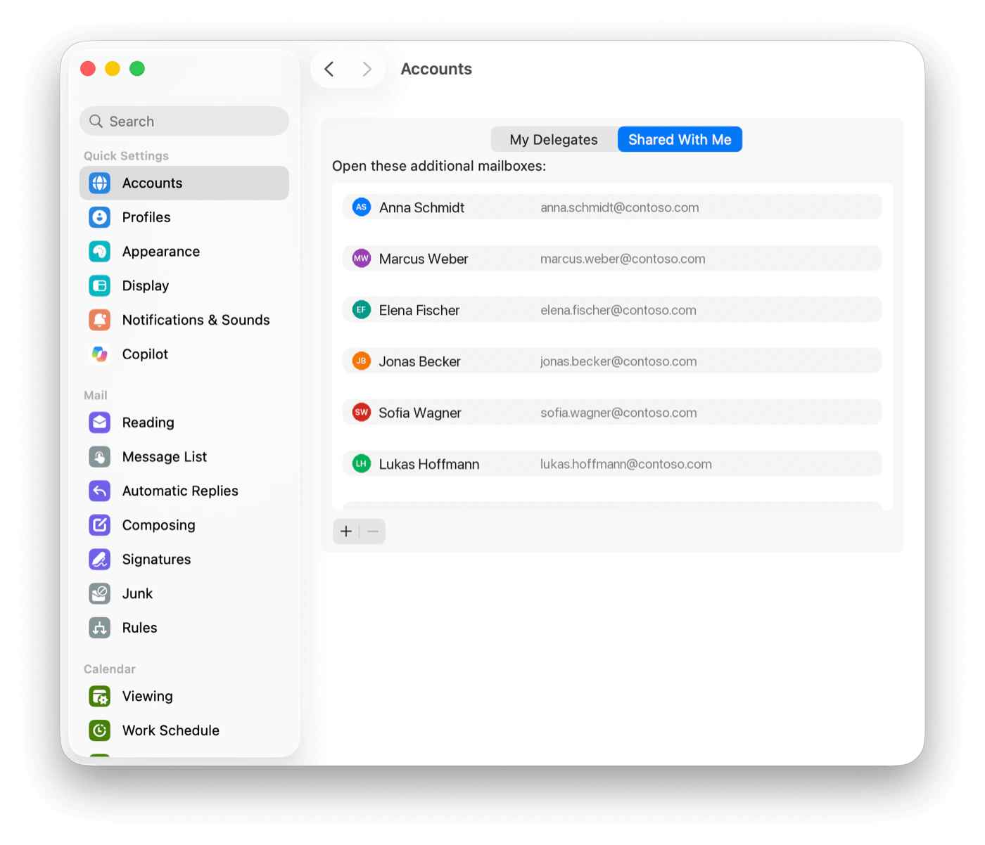 Outlook for Mac Delegates and Sharing pane on the Shared With Me tab, listing additional mailboxes to open
