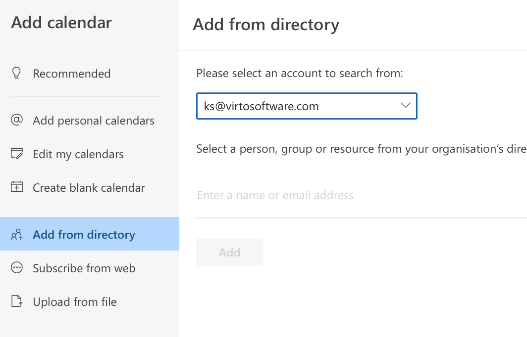 The Add calendar dialog in Outlook on the web, showing Add from directory, Subscribe from web and Upload from file