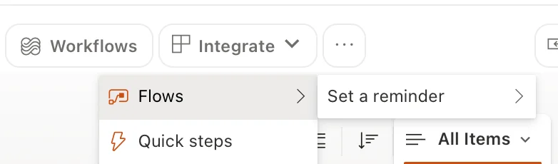 Power Automate Flows submenu showing Set a reminder option