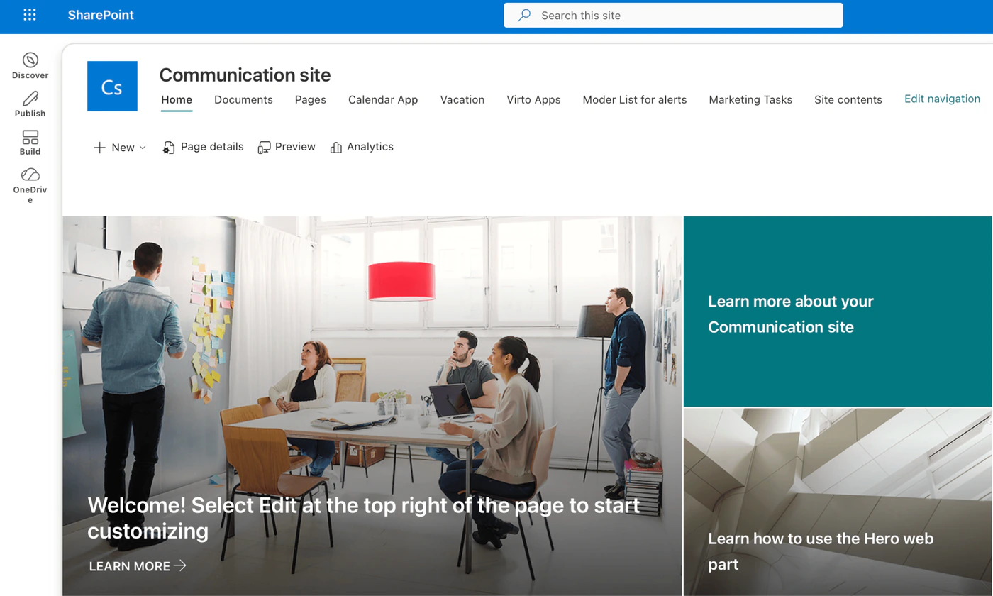 Modern communication site with navigation across the top and a full-width hero web part