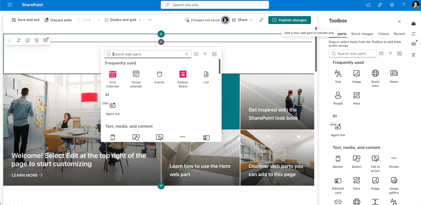 Modern SharePoint page in edit mode with the web part picker open on the canvas, showing Virto Calendar and Kanban Board among frequently used web parts, and the Toolbox on the right