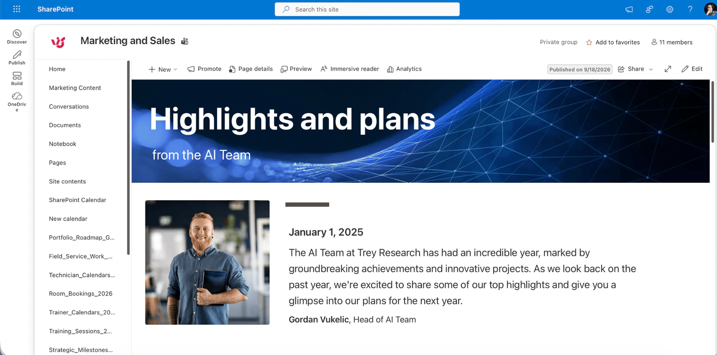 Home page of a modern SharePoint team site named Marketing and Sales with left navigation, the Private group label, a member count and a news page with a banner