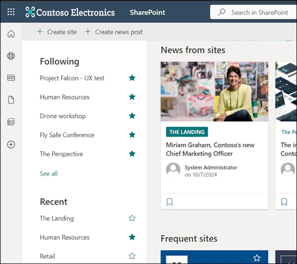SharePoint start page with Create site and Create news post commands, followed and recent sites on the left and News from sites in the centre