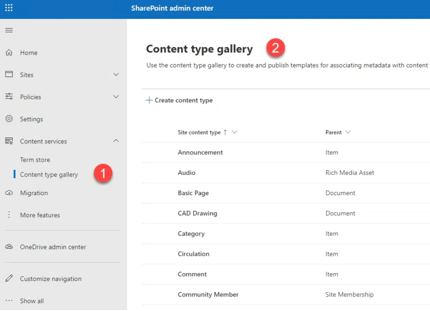 The content type gallery in the SharePoint admin center under Content services, with the Create content type button and the list of site content types