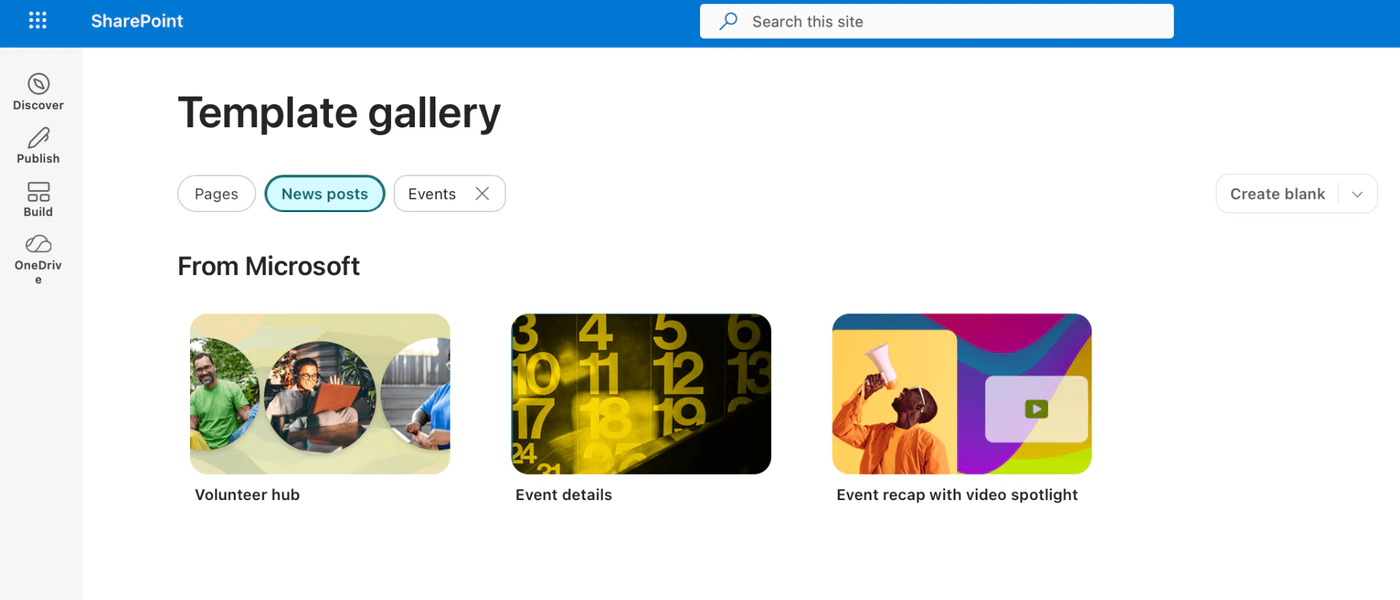 The SharePoint template gallery filtered to news posts, with the Microsoft templates Volunteer hub, Event details and Event recap with video spotlight