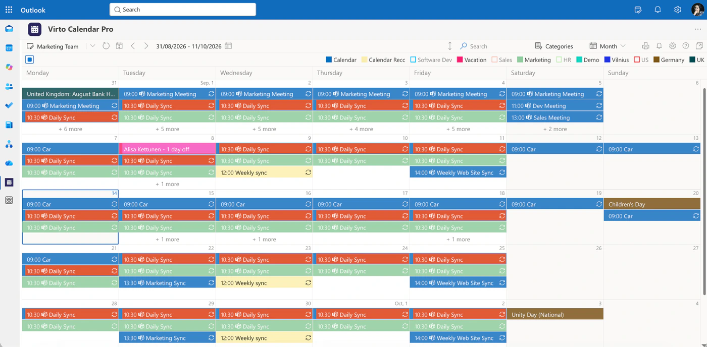 Virto Calendar in a month view with a dozen colour-coded calendars overlaid: team meetings, daily syncs, vacations, national holidays and marketing syncs