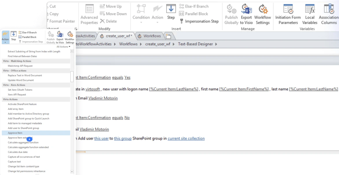 SharePoint Designer with the Virto Workflow Automation actions list open, including Approve Item, and a workflow that creates a user and sends email depending on a confirmation column