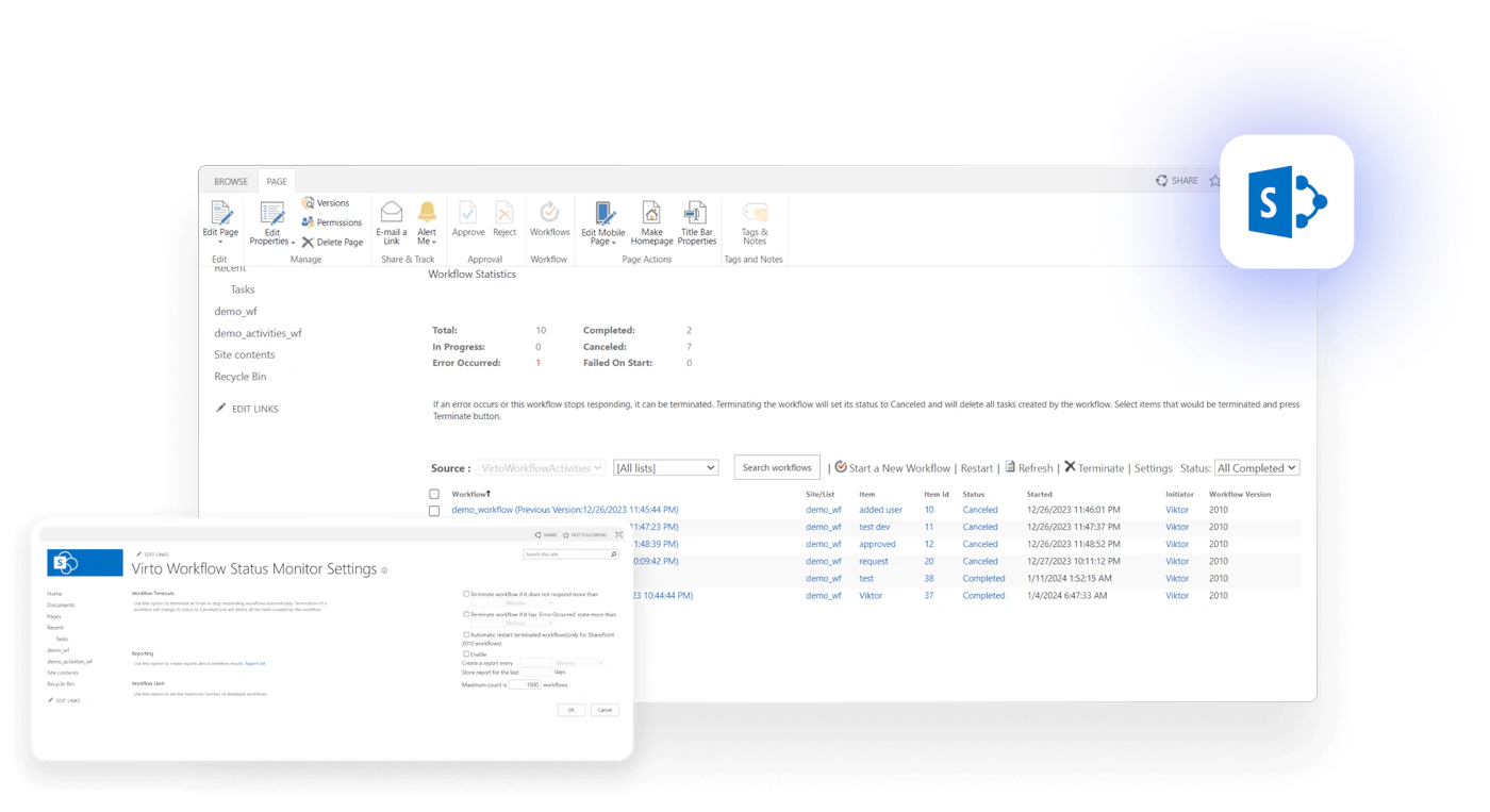 The Virto Workflow Status Monitor dashboard with workflow statistics, a list of workflows with their status and the Status Monitor settings page