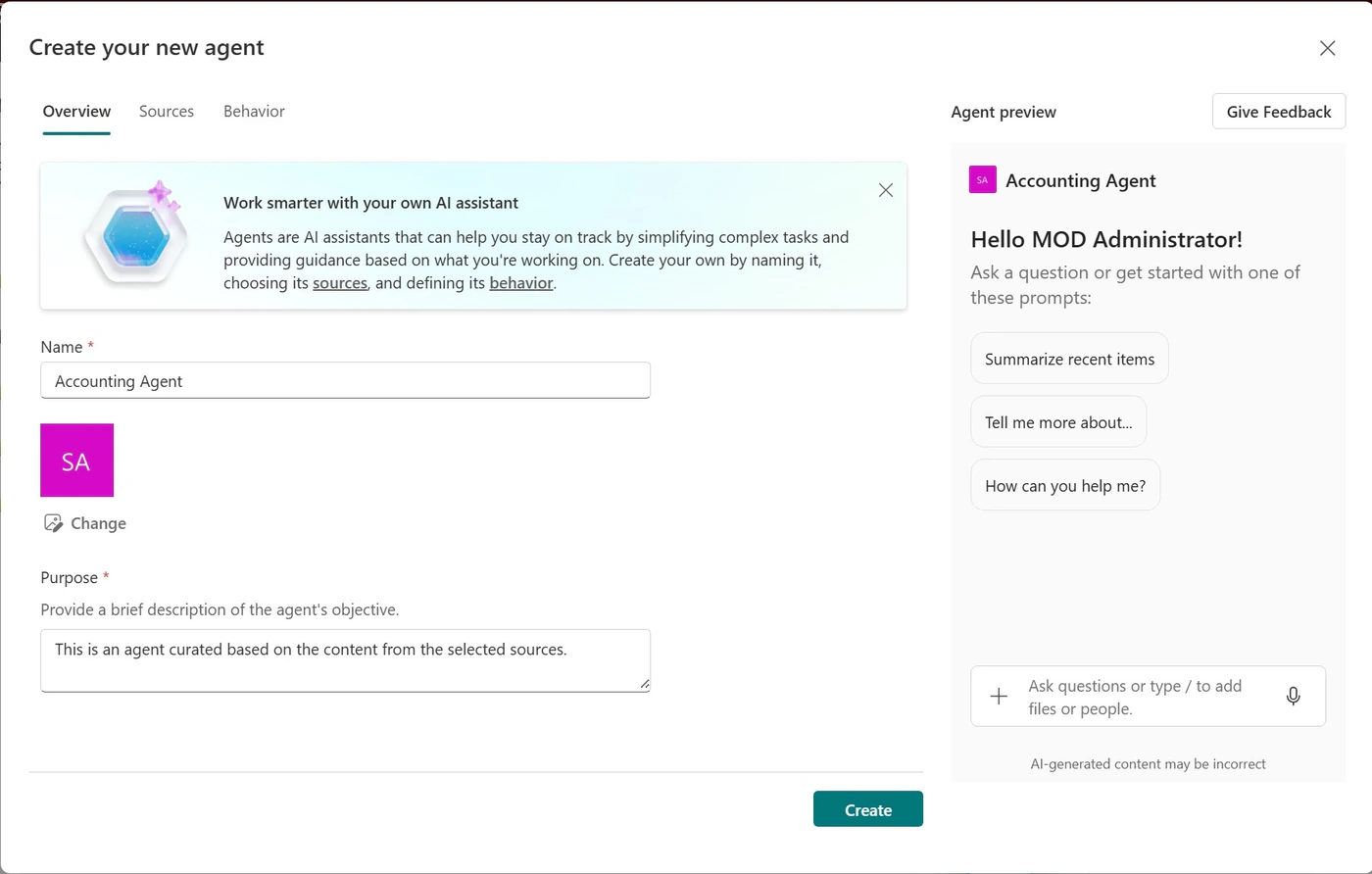 The SharePoint agent builder with Overview, Sources and Behavior tabs, the agent name and purpose, and a live preview with starter prompts