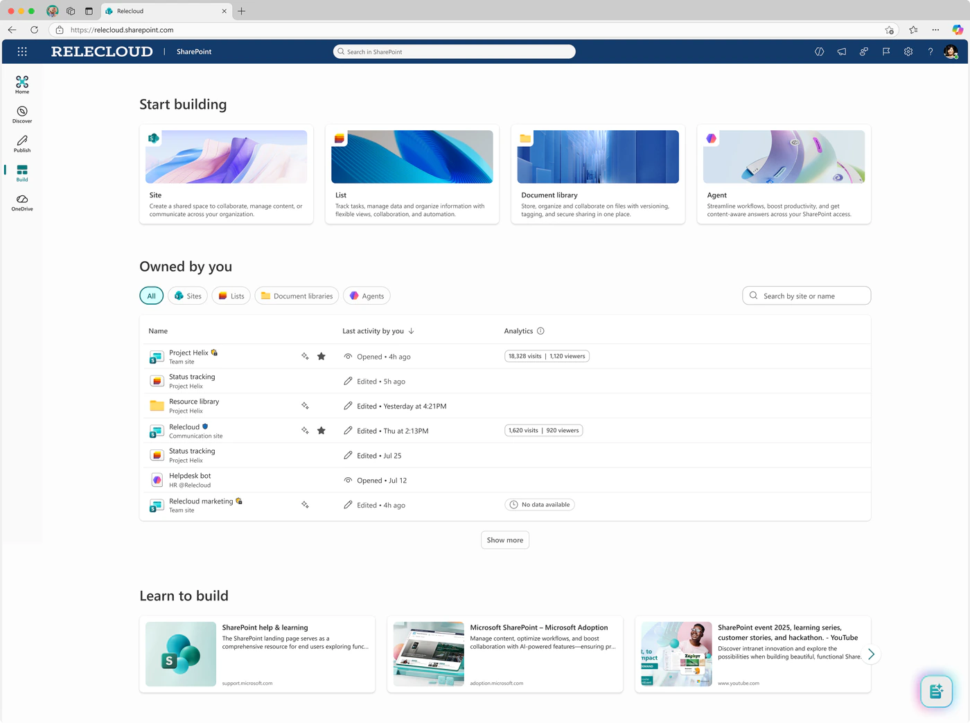 The Build page on the SharePoint start page: Start building tiles for a site, list, document library and agent, sites owned by you, and learning resources