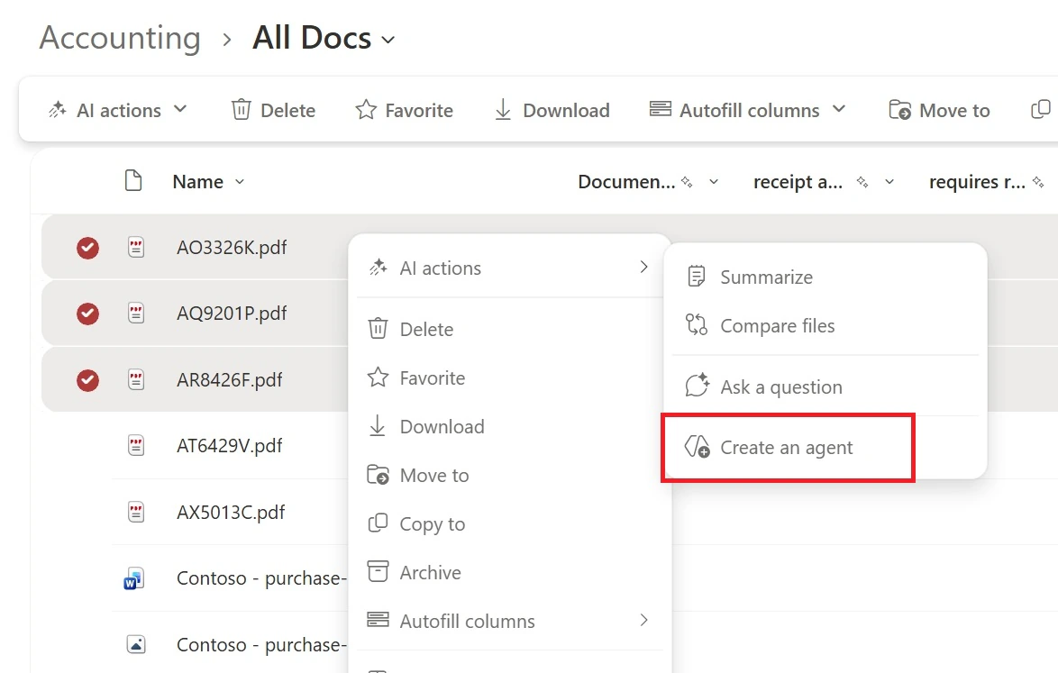 A document library with three PDF files selected and the context menu open on Create an agent