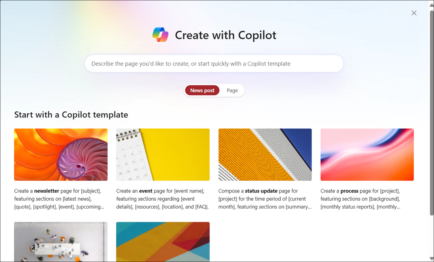 The Create with Copilot dialog for a SharePoint page or news post, with a prompt box, a News post / Page toggle and Copilot templates