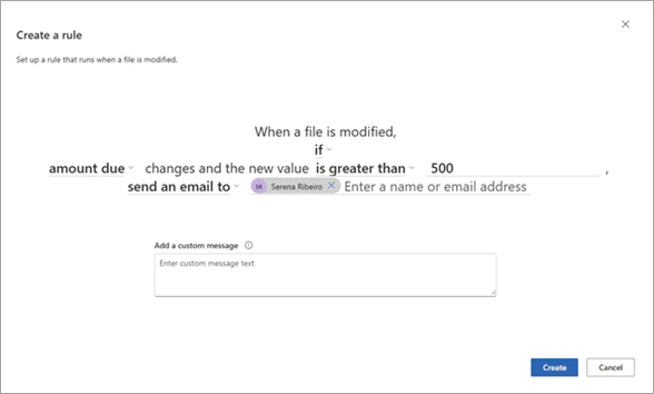The Create a rule page generated by Copilot: when a file is modified, if amount due is greater than 500, send an email