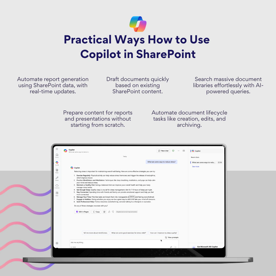 Practical ways to use Copilot in SharePoint: automate report generation, draft documents, search document libraries, prepare content, automate document lifecycle tasks