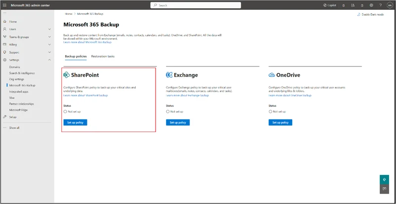 Creating a backup policy for SharePoint in the Microsoft 365 Backup admin center