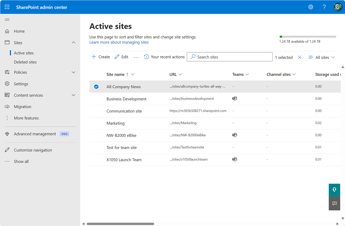 SharePoint admin center, Active sites page, with the list of sites, their URLs, Teams connection, storage used and a storage bar at the top right
