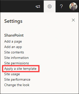 SharePoint Settings pane with Apply a site template highlighted